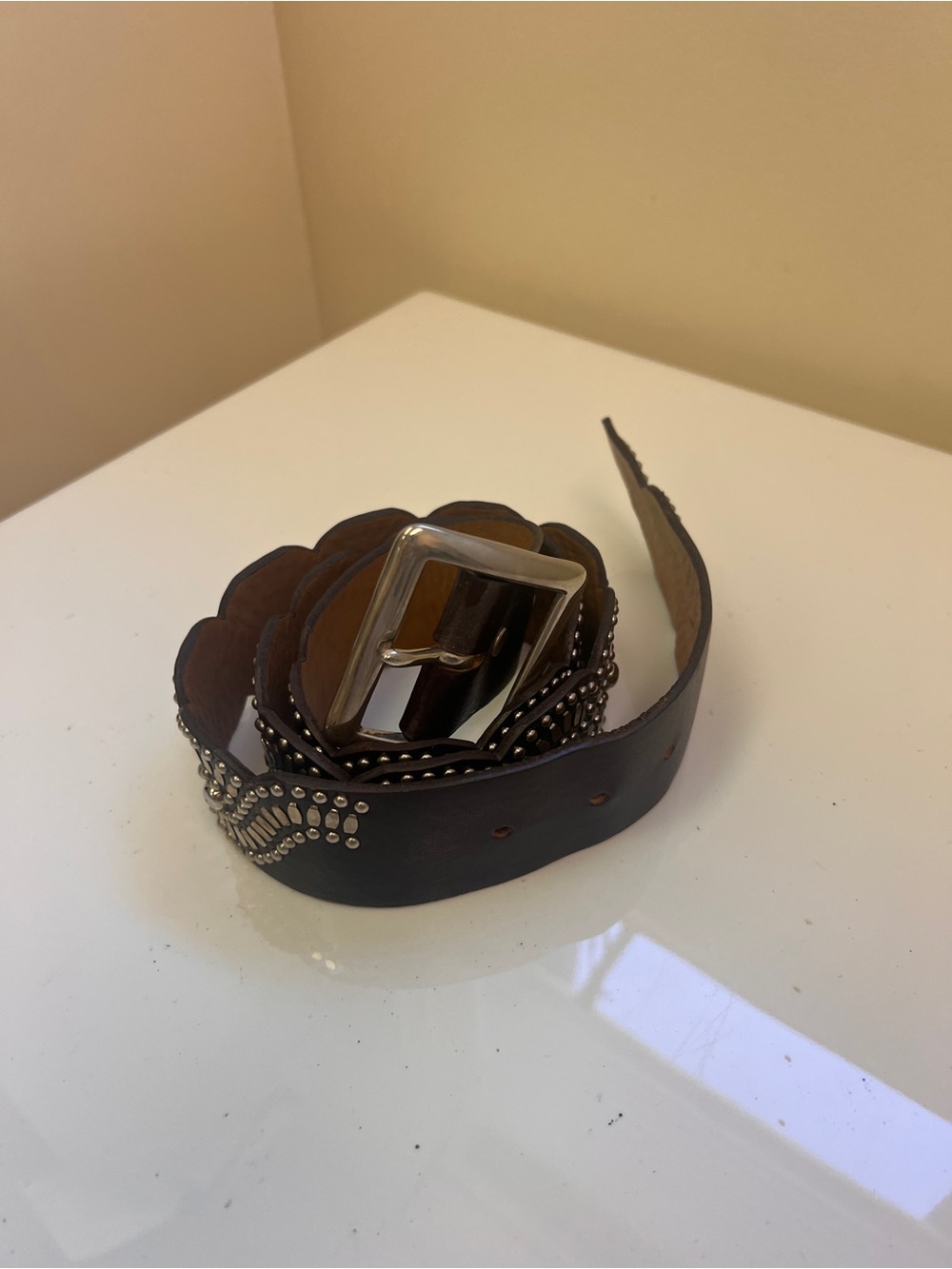 Stud-Embellished Brown Women's Leather Belt